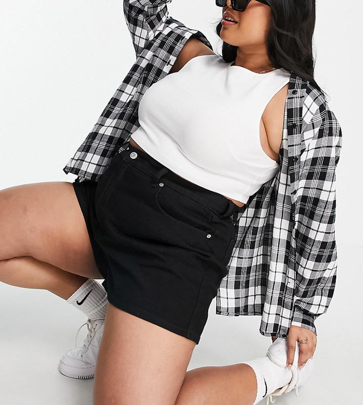 Asos Design Curve Denim High Rise 80s Mom Shorts In Black