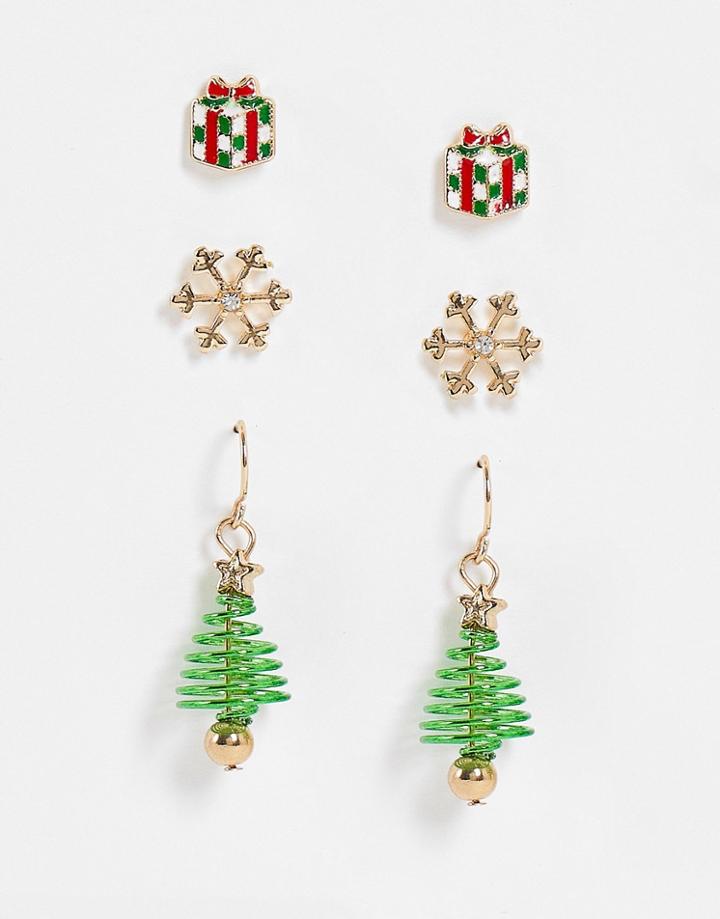 Asos Design Christmas Pack Of 3 Earrings In Mixed Christmas Tree Design-gold