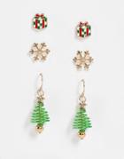 Asos Design Christmas Pack Of 3 Earrings In Mixed Christmas Tree Design-gold