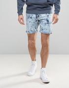 Asos Denim Shorts In Slim Light Wash With Bleach Spots - Blue