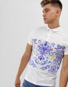 Asos Design Polo In Organic Cotton With Tile Print Panel-white