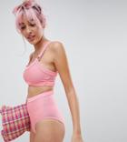 Monki Rib High Waisted Bikini Bottoms - Pink