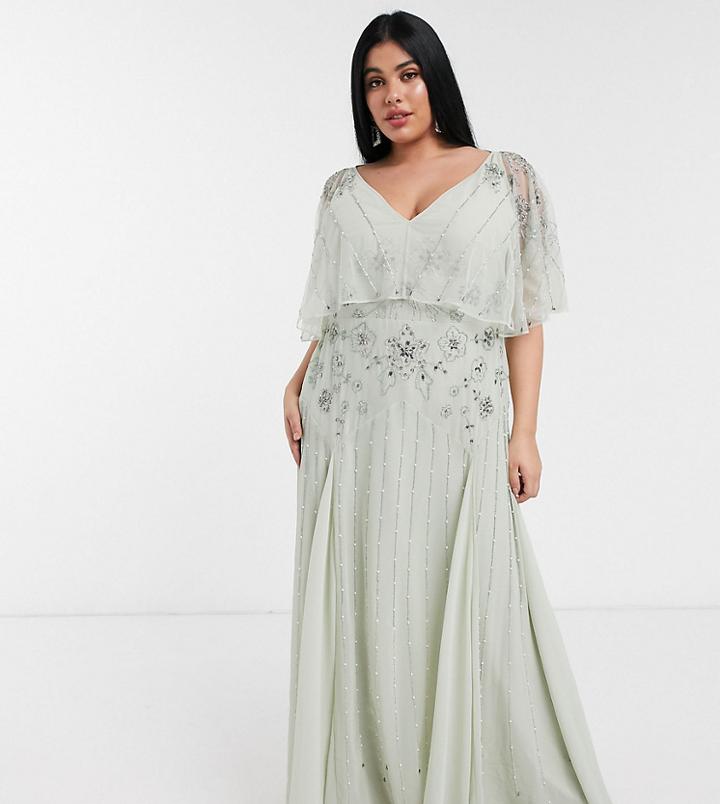 Asos Design Curve Floral Embellished Cape Maxi Dress In Mint-multi