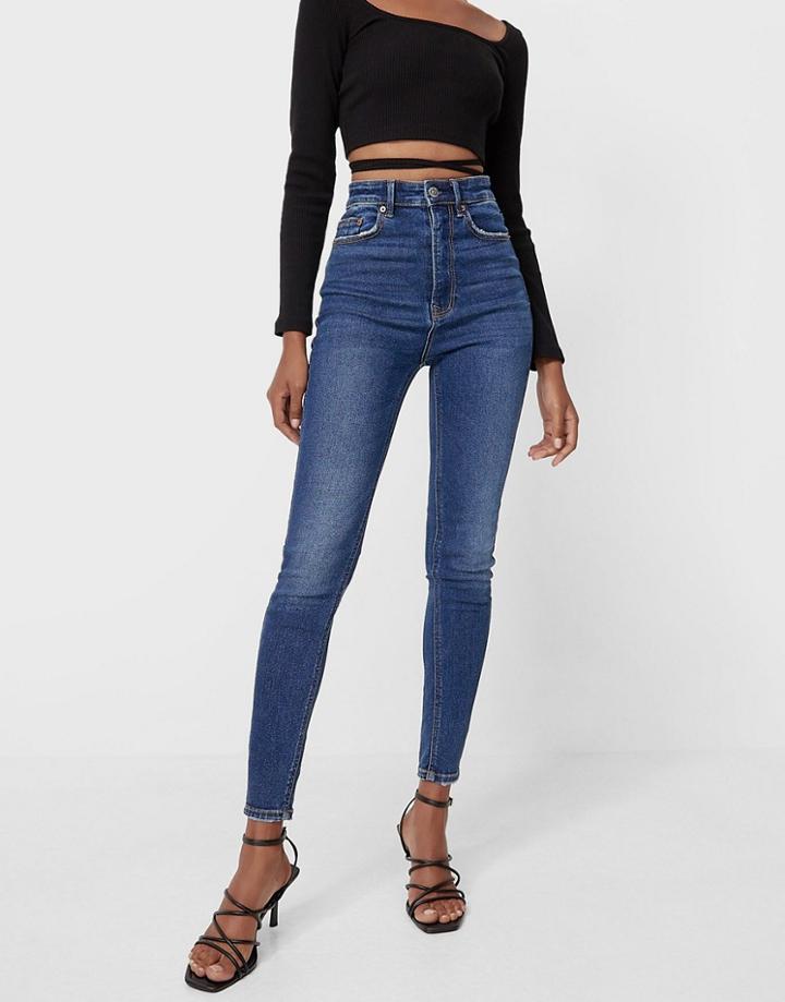 Stradivarius High Waist Skinny Jean In Dark Wash-blues