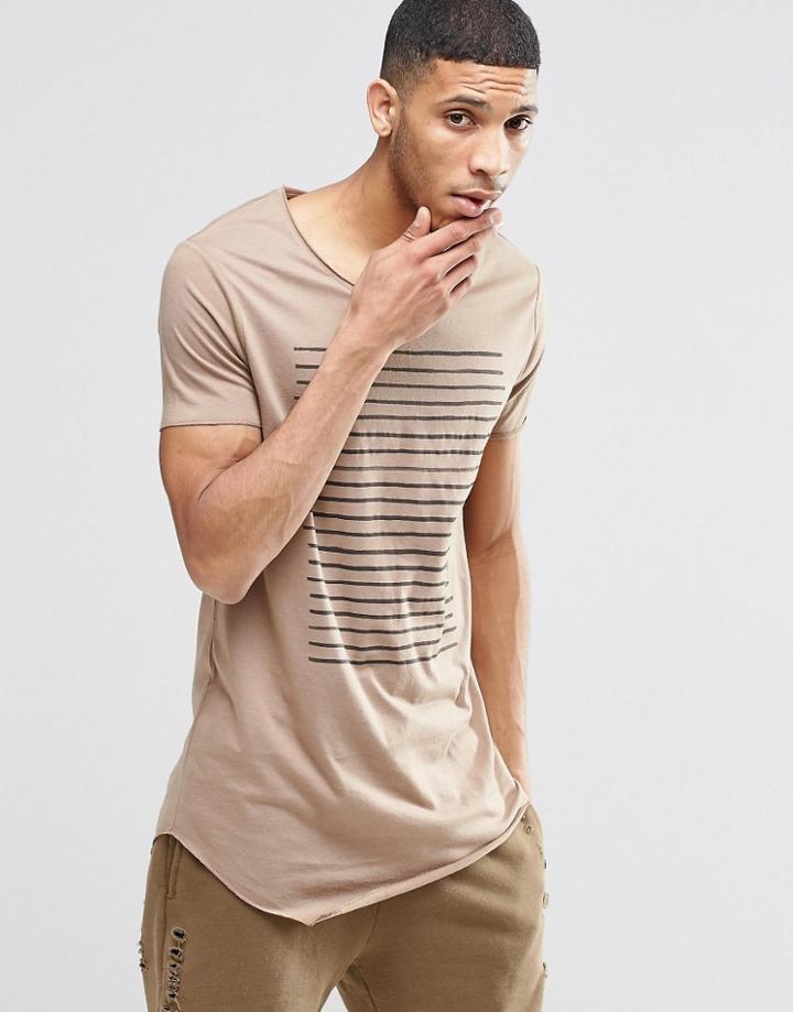 Asos Super Longline T-shirt With Chest Stripe And Scoop Neck And Raw Edge In Brown - Sand Dune