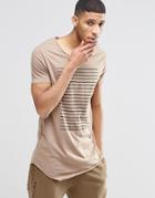 Asos Super Longline T-shirt With Chest Stripe And Scoop Neck And Raw Edge In Brown - Sand Dune