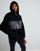 Asos Oversized Hoodie In Borg With Woven Panel - Black