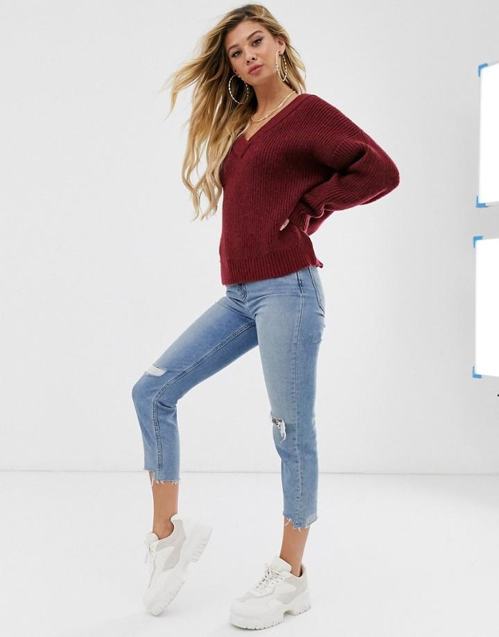 Asos Design Chunky Off Shoulder Sweater With V Neck-red