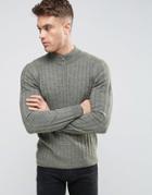 Asos Cable And Rib Mix Sweater With Zip Turtleneck In Wool Mix - Green
