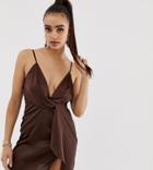 Missguided Satin Twist Front Mini Dress In Chocolate - Brown