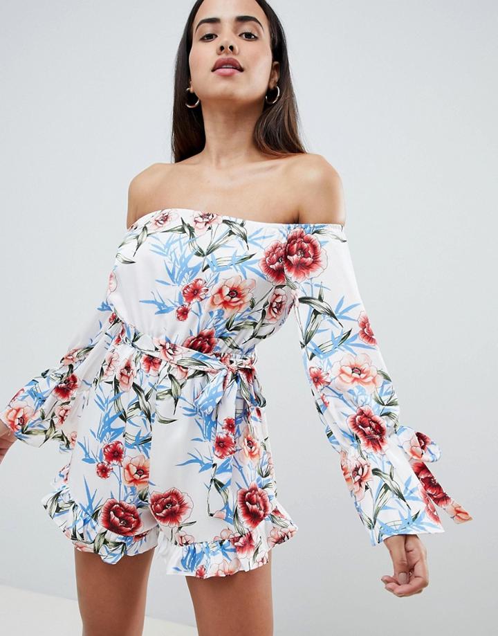 Prettylittlething Floral Bardot Romper - White