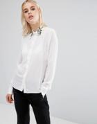 Fashion Union Long Sleeve Shirt With Embroidered Collar - White