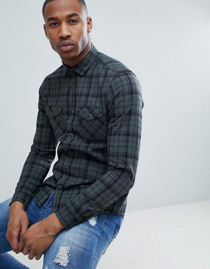 Asos Design Stretch Slim Western Check Shirt In Khaki - Green