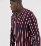 Asos Design Plus Stripe Shirt In Grandad Collar-red