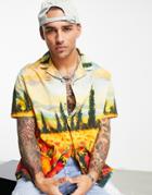 Asos Design Relaxed Revere Linen Mix Shirt In Scenic Print-multi