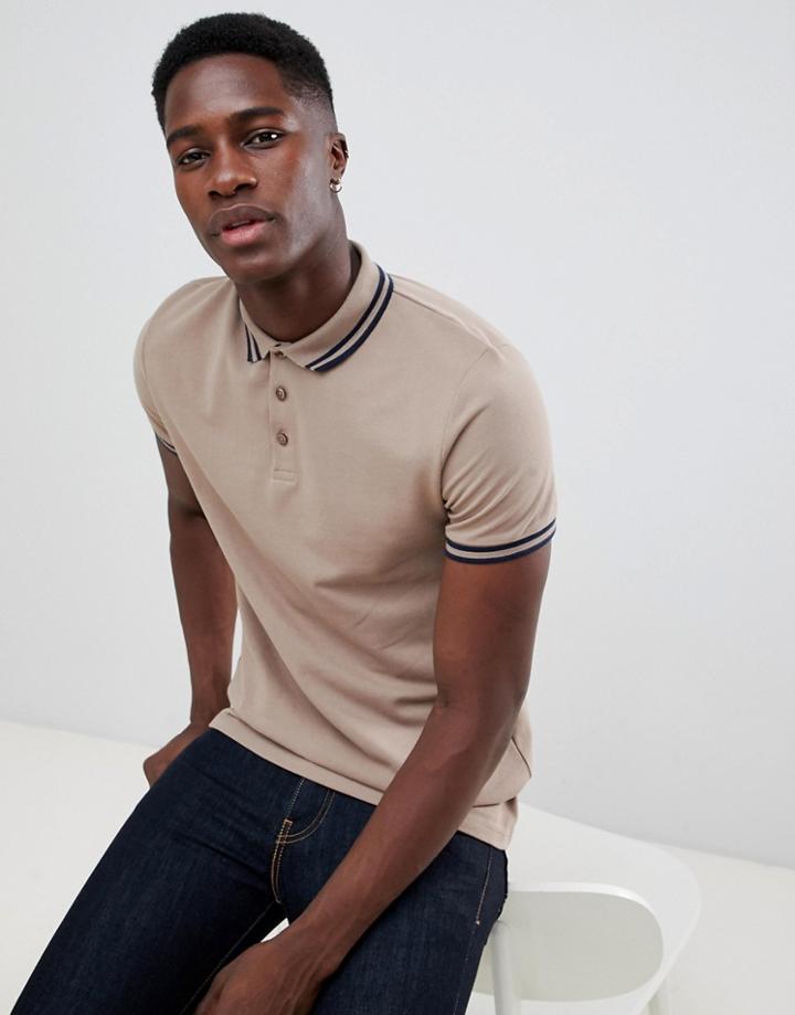 Asos Design Pique Polo Shirt With Tipping In Beige - Beige