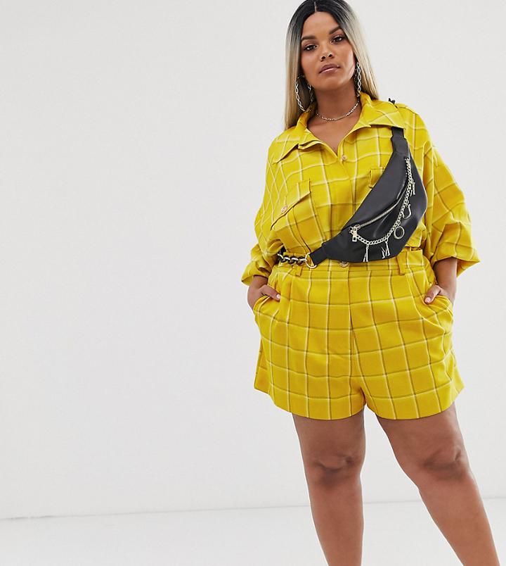 Asos Design Curve Yellow Check Suit Shorts-multi