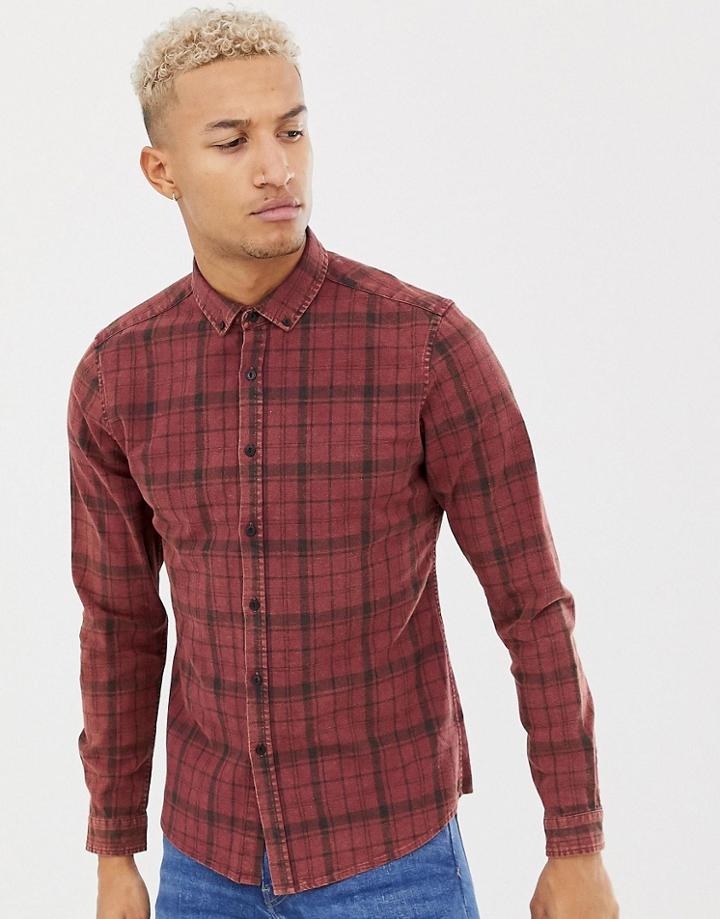 Asos Design Stretch Slim Acid Wash Check Shirt - Red