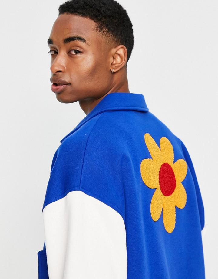 Asos Design Oversized Jersey Harrington Jacket In Blue & White With Badging-multi