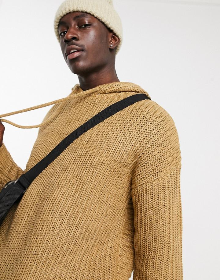 Asos Design Knit Heavyweight Ribbed Hoodie In Khaki-green