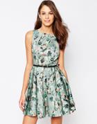 Closet Belted Skater Dress In Large Paisley Print - Green