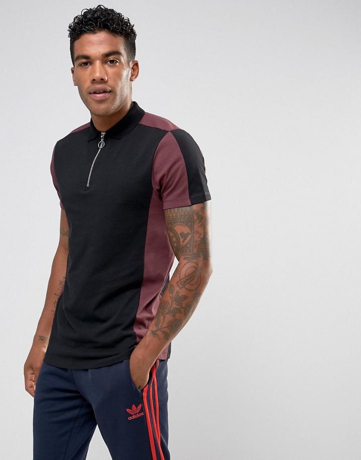 Asos Polo Shirt With Contrast Panelling And Zip Neck In Black - Black
