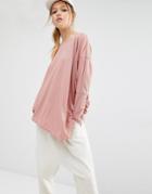 Daisy Street Relaxed Top With Assymmetric Hem In Rib - Dusty Pink