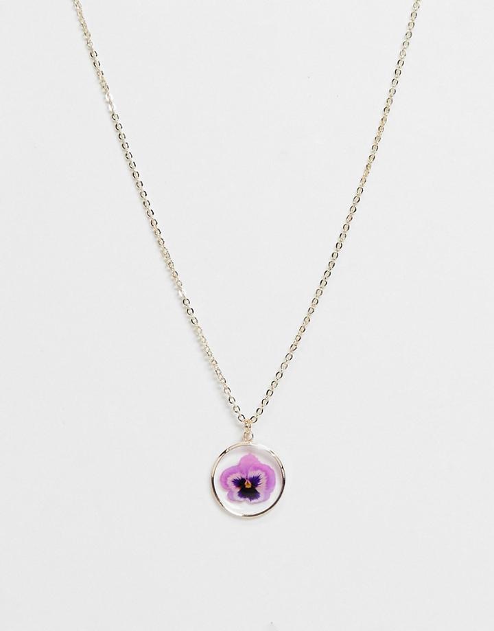 Asos Design Necklace With Inset Pansy Flower In Gold Tone