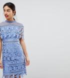 Chi Chi London Petite Lace High Neck Pencil Midi Dress - Blue