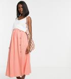 Asos Design Maternity Button Front Maxi Skirt In Linen-orange