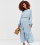 Asos Design Maternity Denim Midi Smock Dress In Lightwash Blue - Blue