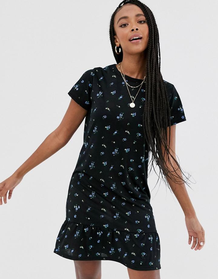 Daisy Street Mini Shift Dress With Peplum Hem In Vintage Ditsy Floral - Black