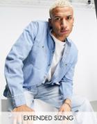 Asos Design Oversized Band Collar Denim Shirt In Light Wash Blue