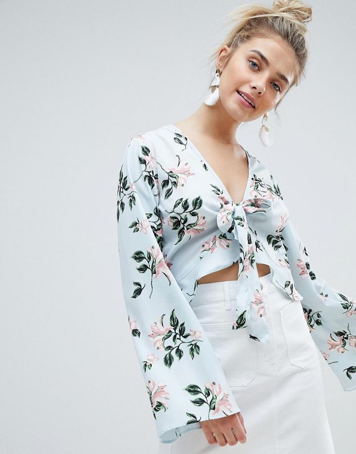 Prettylittlething Floral Tie Front Crop Blouse - Blue