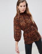 Asos Design Sheer Belted Blouse With Open Back In Animal Print - Multi