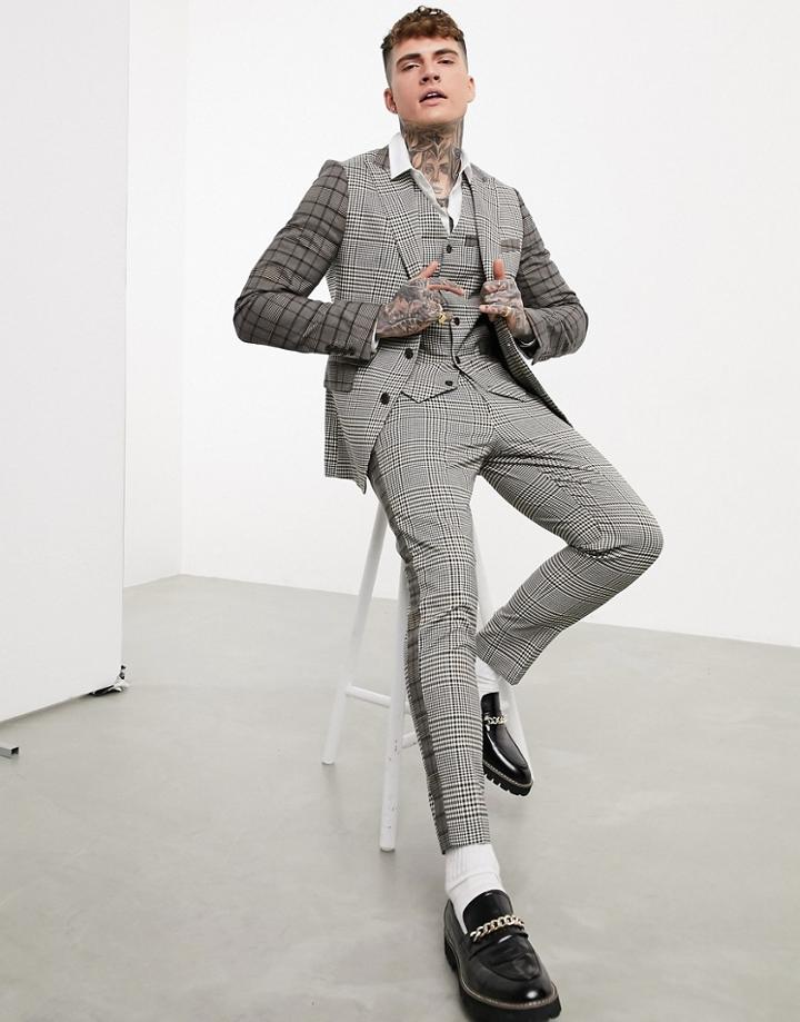 Devils Advocate Contrast Plaid Print Skinny Fit Suit Jacket-brown