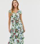 Warehouse Midi Dress With Ruffles In Floral Print - Multi