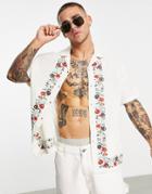 Asos Design Relaxed Camp Collar Shirt In Linen Mix With Embroidered Border-white