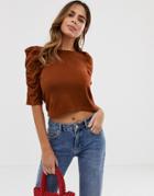 Asos Design Knitted Tee With Ruched Sleeve - Red