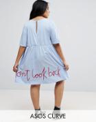 Asos Curve Smock Dress With Don't Look Back Embroidery - Blue