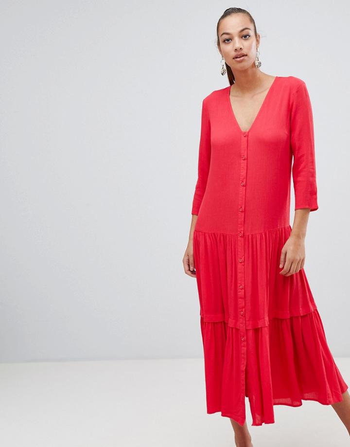 Asos Design Casual Crinkle Button Through Maxi Dress - Red