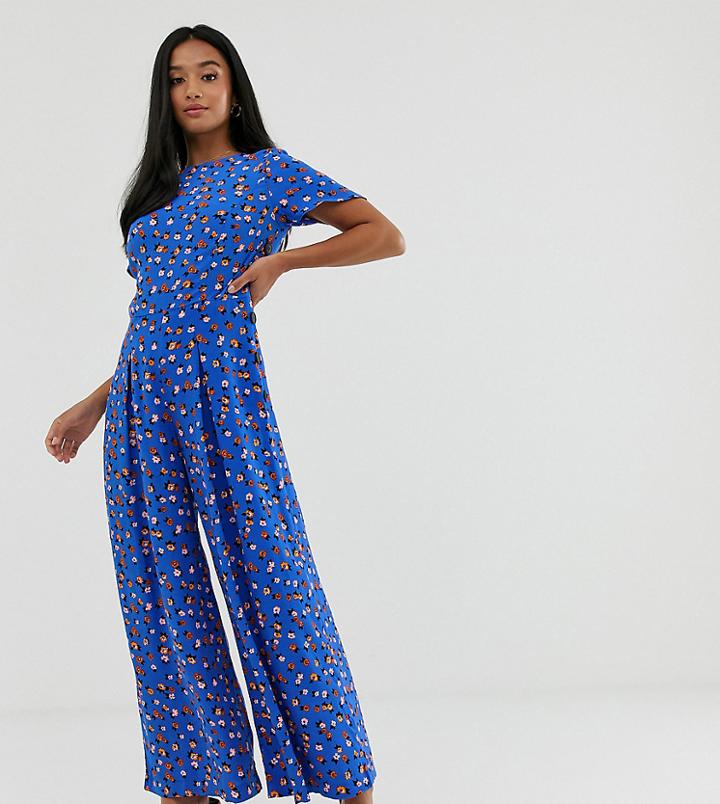 Asos Design Petite Ditsy Floral Tea Jumpsuit With Button Side-multi
