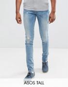 Asos Tall Super Skinny Jeans With Abrasions In Mid Wash Blue - Blue