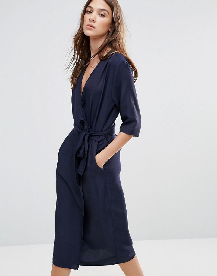 Neon Rose Relaxed Wrap Dress - Navy