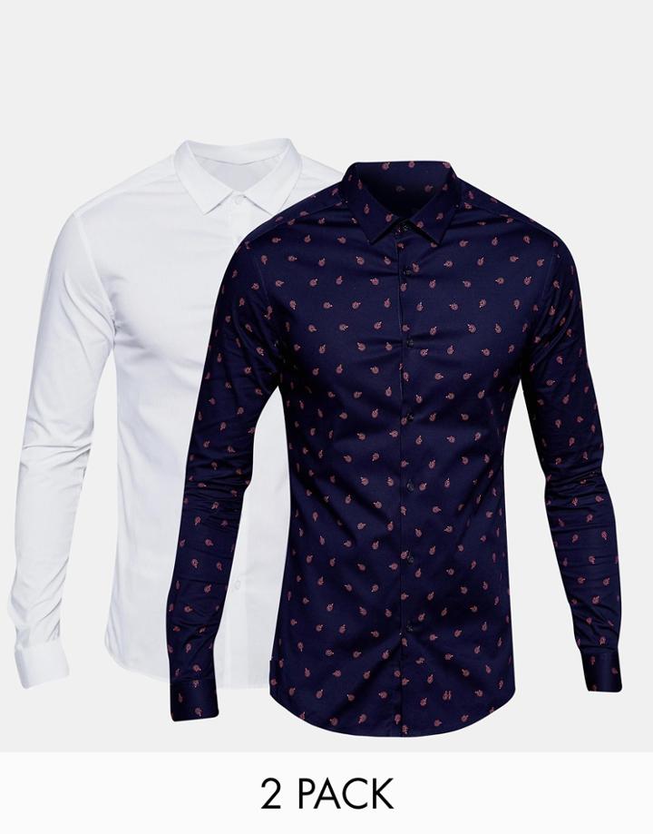 Asos Skinny White Shirt With Printed Shirt 2 Pack Save 17% - Multi