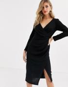 Lipsy Long Sleeve Ruched Front Glitter Midi Pencil Dress In Silver