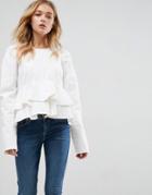 Asos Denim Top In White With Peplum And Puff Sleeve - White