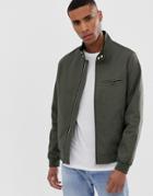 Asos Design Funnel Neck Harrington Jacket In Khaki - Green