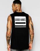 Asos Sleeveless T-shirt With Good Vibes Print And Dropped Armhole - Black