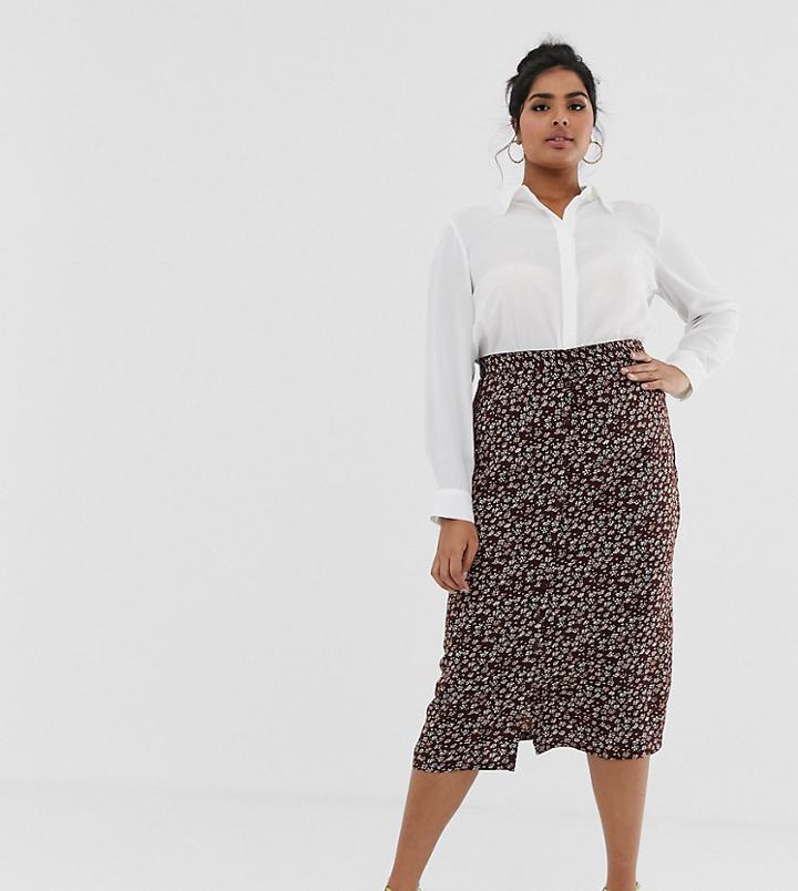 Daisy Street Plus Button Through Mini Skirt In Floral Print - Brown